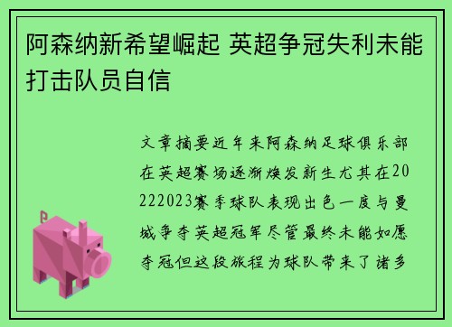 阿森纳新希望崛起 英超争冠失利未能打击队员自信
